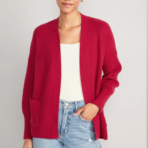 NWT OLD NAVY SoSoft Waffle-Knit Cocoon Sweater Color: Red Red Wine - Picture 2 of 7